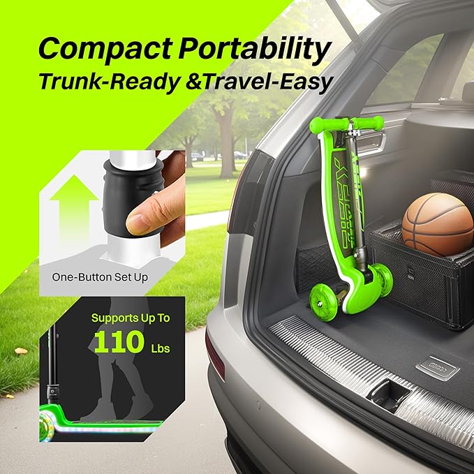 ZIFFY 3-Wheel Light-Up Kids Scooter, Kids Balance Scooter for Boys Girls with 20 Dynamic LED Lights, 4 Adjustable Height, Lean-to-Steer Design with Anti-Slip Wide Surface for Stability - Up to 110LBS