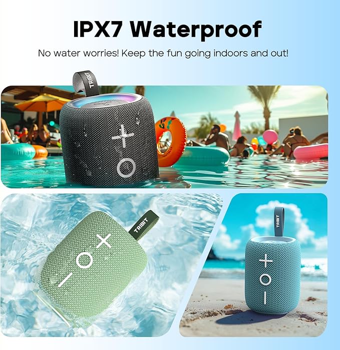 Tribit Portable Bluetooth Speaker StormBox Mini+, 12W Shower Speaker with 360°Surround Sound, 12H Playtime, Custom EQ, BT5.4, IPX7 Waterproof, RGB Lights, Type-C, AAC/SBC, TWS, Party/Beach/Gift (Blue)