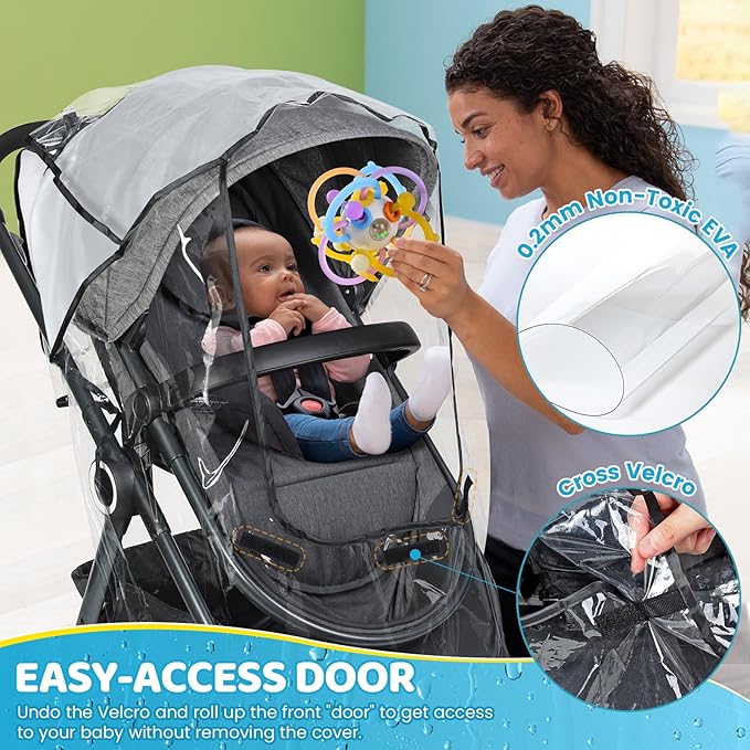 Universal Clear Stroller Rain Cover, No-Zip Waterproof Stroller Cover - Food Grade EVA & Frosted PVC, Baby Travel Weather Shield, Breathable Rain Cover for Most Single Strollers, Black
