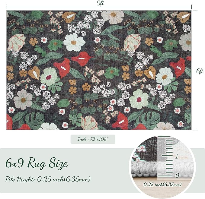 Area Rug Living Room Rugs: 6x9 Washable Rug Vintage Floral Soft Boho Non Slip Carpet Indoor Floor Non Shedding Low Pile Thin Carpets for Bedroom Dining Room Farmhouse Nursery Home Office Green