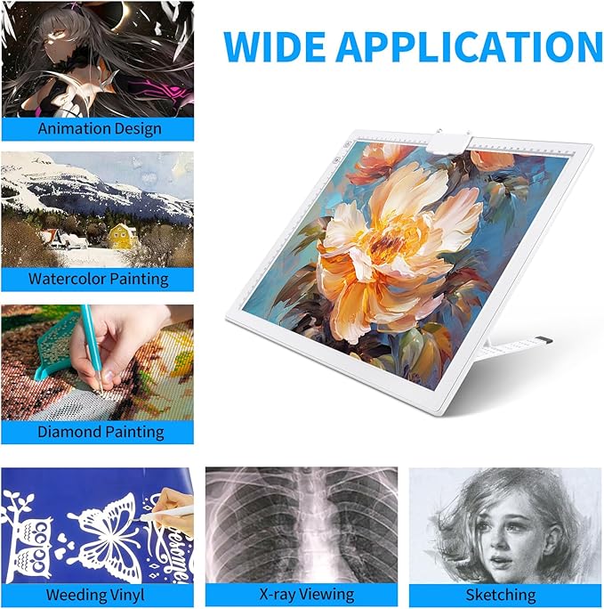 KOBAIBAN Wireless A3 Light Pad with Carry Bag, Foldable Stand, Top Clip, 3 Colors/Stepless/6-level Dimmable Brightness Rechargeable tracing Light Box/Board for Weeding Vinyl, Diamond Painting (White)