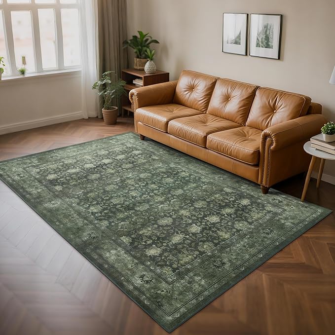 5x7 Washable Area Rug for Living Room, Non Slip Vintage Floral Rugs for Bedroom, Retro Indoor Floor Carpet for Kitchen, Dining Room, Farmhouse, Classroom (Distressed Green)