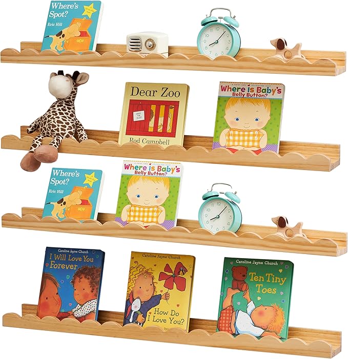 Scalloped Baby Book Shelf,Floating Shelves for Wall Set of 4 Natural Solid Pine Wood Nursery Bookshelves with Wave Lip for Bedroom Kids, Toddler Room, Baby Room, Nursery Decor(Natural,60cm)