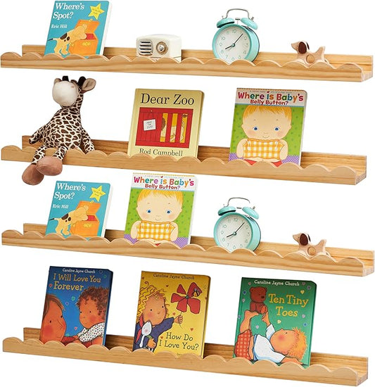 Scalloped Baby Book Shelf,Floating Shelves for Wall Set of 4 Natural Solid Pine Wood Nursery Bookshelves with Wave Lip for Bedroom Kids, Toddler Room, Baby Room, Nursery Decor(Natural,60cm)