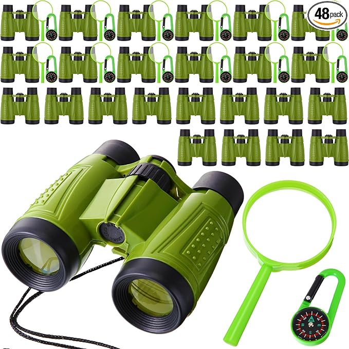 Libima 12 Set Binoculars for Kids with Neck String with Magnifying Glass and Compass Green, Toy for Boys and Girls for Bird Watching Camping Outdoor Explorer Kit Camping Outdoor Toys