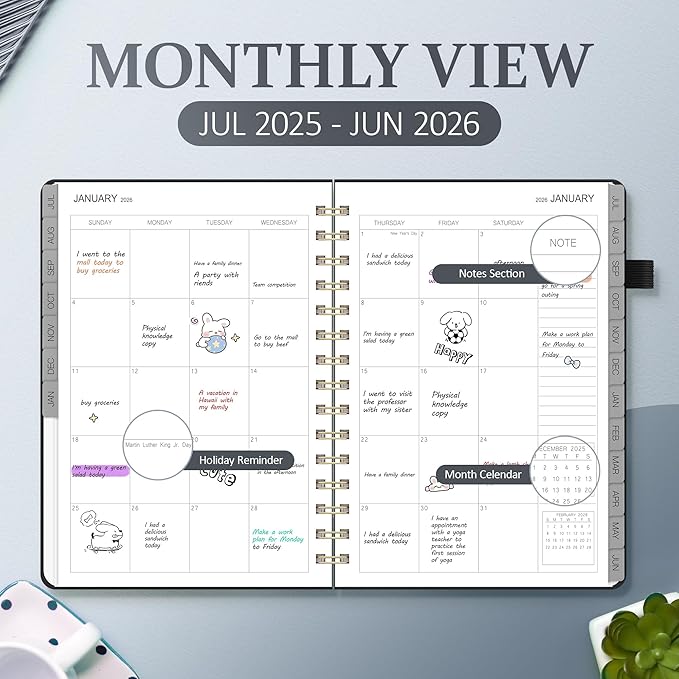 Planner 2025-2026 Weekly and Monthly, July 2025 - June 2026, Hardcover Spiral Bound with Tabs, Inner Pocket, A5 (6.3"x8.5") - Ideal for Teachers, Students & Professionals, Black