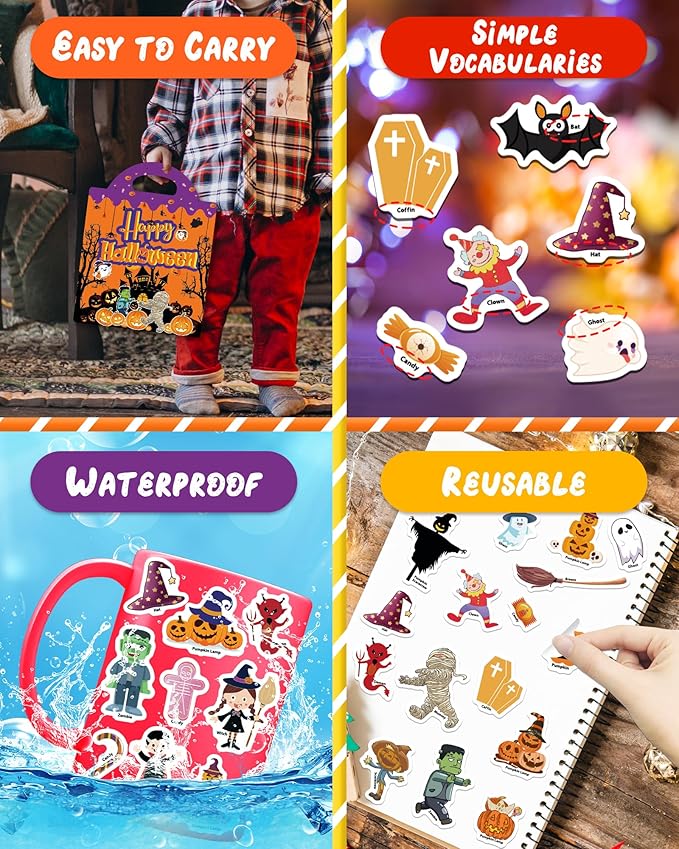 Benresive Reusable Sticker Book for Toddlers 2-4 Years, Fun Travel Stickers for Kids, Waterproof Sticker Books for Toddlers 1-3, Crafts Activities for Todddlers 1-3 2-4 3-5 - Halloween