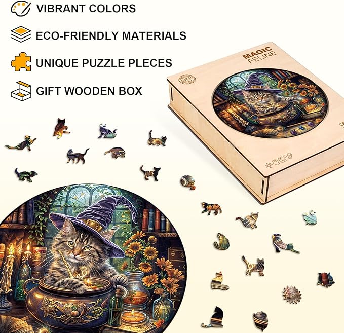 KAAYEE Wooden Puzzles for Adults, 3D Visual Effect Magic Feline Cat Wooden Jigsaw Puzzle Unique Shape Wood Puzzle Adult, 3D Effect Flat Puzzle Birthday Family Game (M-11.4 * 11.4 in-200pcs)