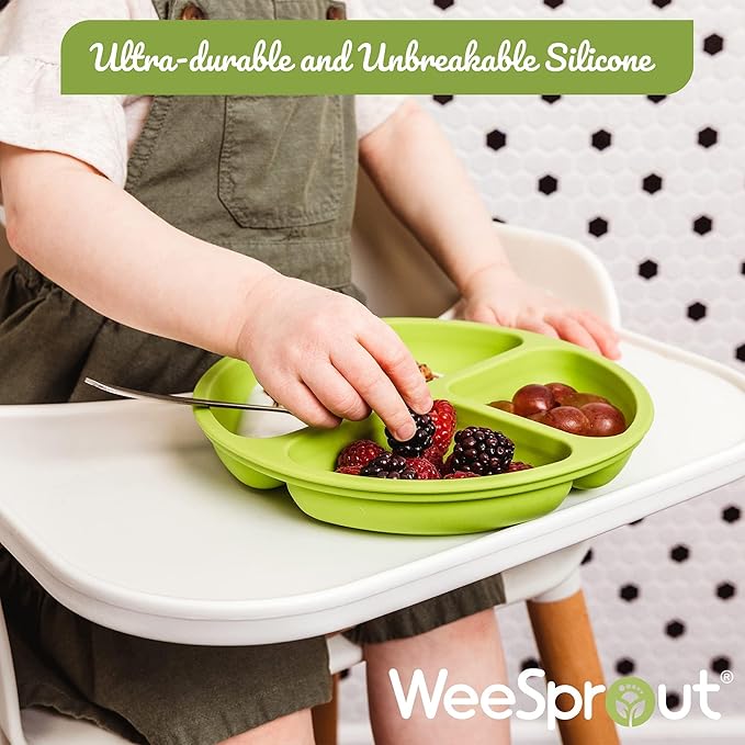 WeeSprout Silicone Divided Plates (With Lids), 100% Food Grade, Toddler & Kids Plates, Dishwasher & Microwave Safe
