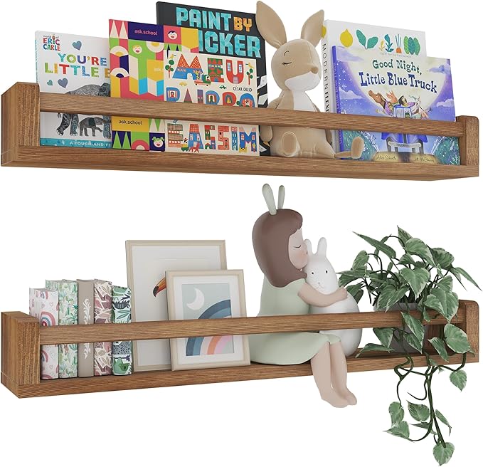 Heimlove 32 Inch Nursery Floating Shelves, Nursery Book Shelves for Wall, Wall Bookshelf for Kids Solid Wood Wall Mounted Shelves for Books,Toys and Decor Storage, Set of 2
