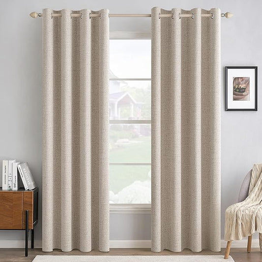 MIULEE Linen Textured Curtains Solid 100% Blackout for Bedroom Thermal Insulated Natural Grommet Room Darkening Curtains & Drapes Luxury Decor for Living Room Nursery 52 x 72 Inch (2 Panels)