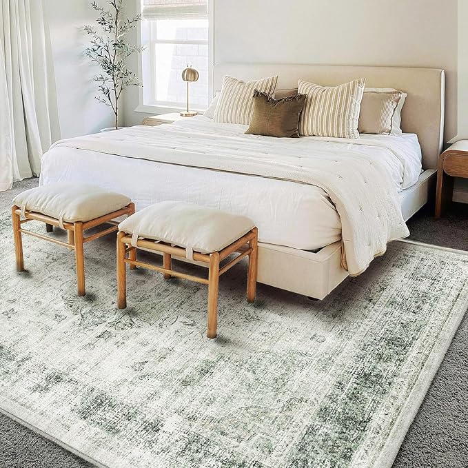 Area Rug 6'x9' Washable Floral Green Vintage Traditional Floor Cover Thin Retro Kitchen Indoor Distressed Non Slip Carpet for Living Room Bedroom Dining Room