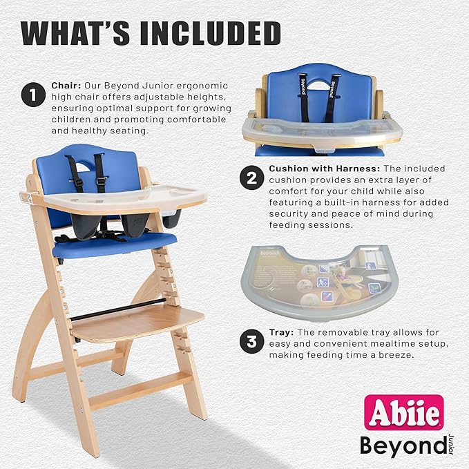 Abiie Beyond Junior Wooden High Chair with Tray - Adjustable and Convertible High Chair for Babies and Toddlers - 6 Months to 250 Lb - Water Resistant - Natural Wood/Blueberry Cushion