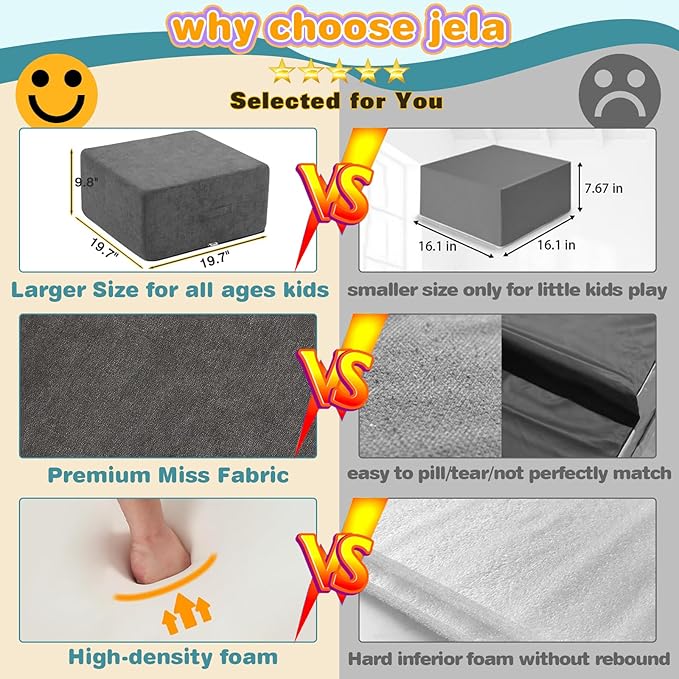 jela Foam Blocks 6Pcs Soft Play Equipment Luxury Miss Fabric, Toddler Climbing Toys Indoor Soft Play Climbing for Toddlers, Lightweight Climbing Blocks for Babies, Kids, Climb and Crawl Foam Playset