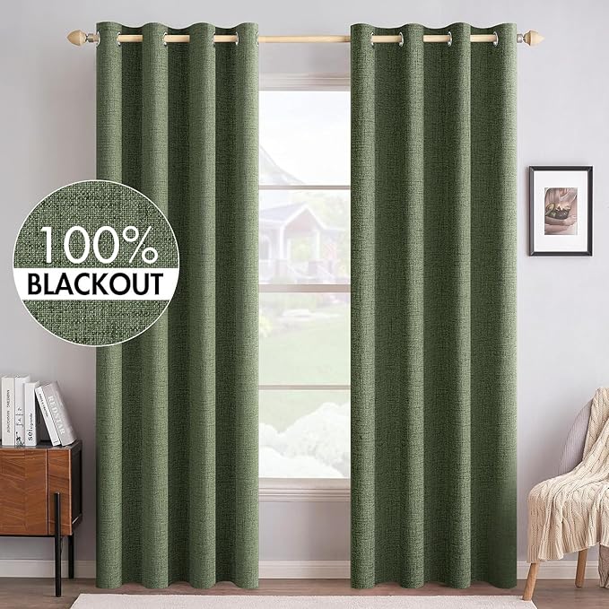 MIULEE 100% Blackout Linen Textured Curtains for Bedroom Solid Thermal Insulated Olive Green Grommet Room Darkening Curtains & Drapes Luxury Decor for Living Room Nursery 52 x 108 Inch (2 Panels)