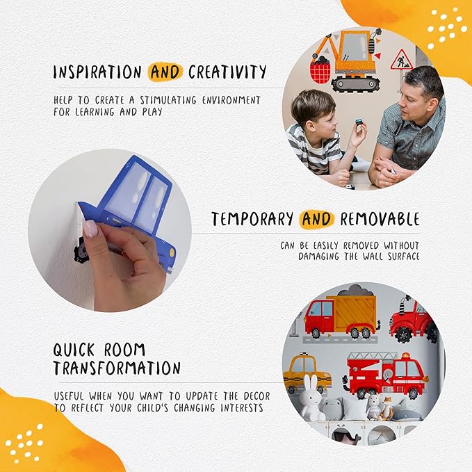 Car Wall Decals by Lipastick - Peel and Stick Transport Road Trucks Stickers for Boys Room, Toddler Bedroom, Baby Nursery, Kids Playroom, Living Room- Removable Decor - L Size