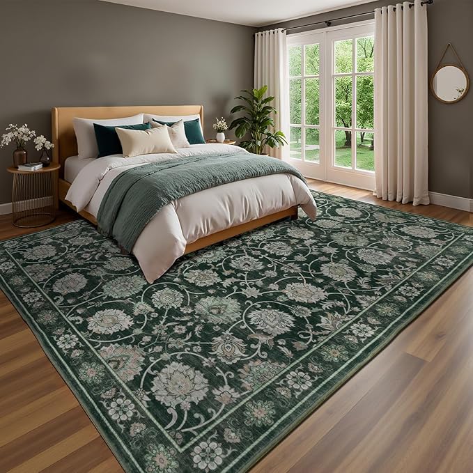 Floral 8x10 Area Rugs for Living Room, Washable Large Bedroom Rug, Soft Non Slip Carpet, Stain Resistant Low Pile Carpets for Indoor Under Table Dining Home Office Nursery, Dark Green