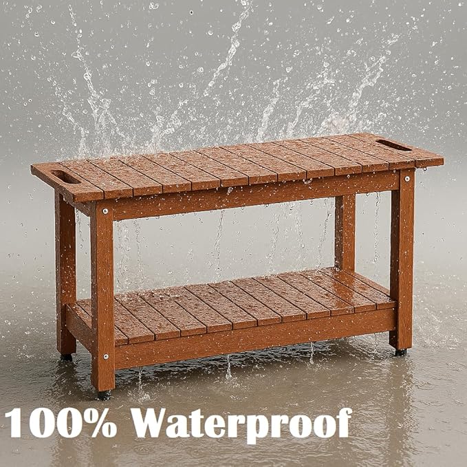 35" Shower Bench, Waterproof Poly Lumber Shower Stool for Shaving Legs, Shower Chair Seat Holds up to 400lbs, Bathroom Bench for Inside Shower, Non-Slip (Brown)