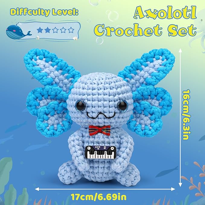 Pnytty Crochet Kit for Beginners, Crochet Animal Kits for Starters with Step-by-Step Video Tutorials, Blue Axolotl Knitting Kit with Easy-to-See Stitches Yarn, Crochet Hooks for Adults Easy Craft