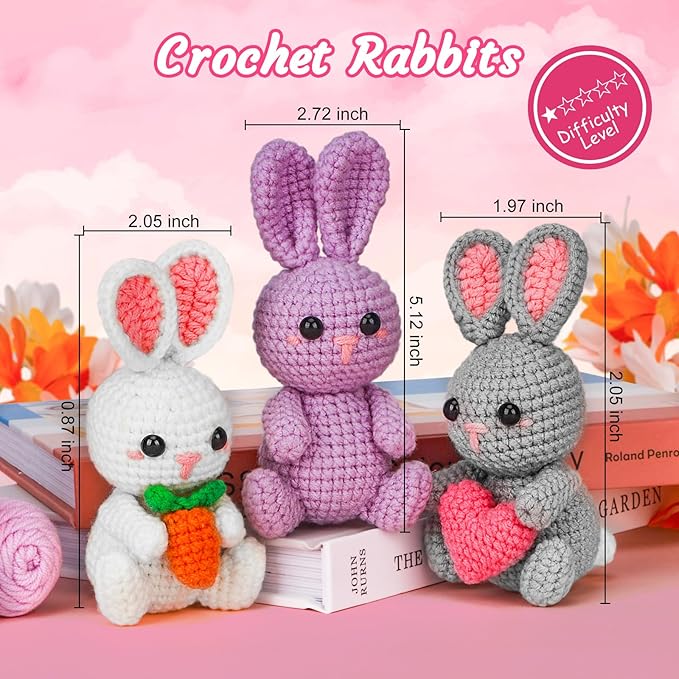 ekaus Crochet Kit for Beginners, Crochet Kit with Step-by-Step Video Tutorials, Crochet DIY Knitting Supplies for Adults Kids, Crochet Rabbits(45%+ Yarn)