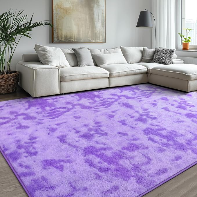 Kimicole 6x9 Washable Area Rugs for Living Room Bedroom, Large Low Pile Ulta-Thin Solid Color Rug, Non-Slip Soft Fluffy Carpet for Nursery Kids Room Dorm Room Home Decor (Purple)