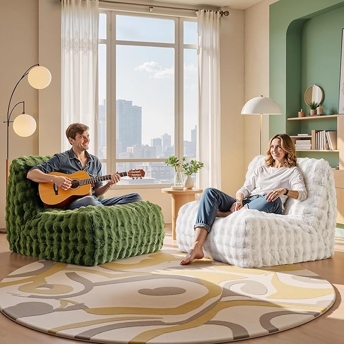 Modern Bean Bag Chair, Large Bean Bag Couch for Adults with Memory Foam Filled, Soft Faux Bunny Fur Lazy Chair for Living Room Bedroom Dorm Apartment, No Assembly Required, White