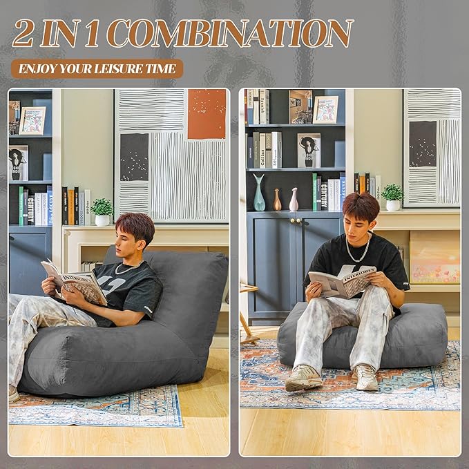 Bean Bag Chair with Ottoman, Comfy Bean Bag Sofa with Memory Foam, Lazy BeanBag Sofa with Footstool, Fireside Bean Bag Couch for Living Room, Bedroom, Apartment