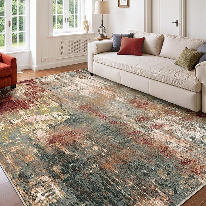 Washable Area Rugs 7'x9' Non-Slip Modern Abstract Soft for Living Room Entryway Bedroom Nursery, Print Pattern, Brown Rust Red Multi