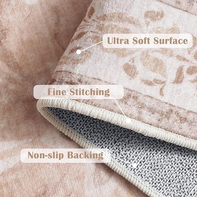 jinchan Floral 2x3 Rugs for Entryway - Vintage Washable Area Rug Ultra-Thin Low Pile Soft Small Non Slip Distressed Indoor Door mat Accent for Entrance Kitchen Bedroom (2x3ft,Coral Pink)