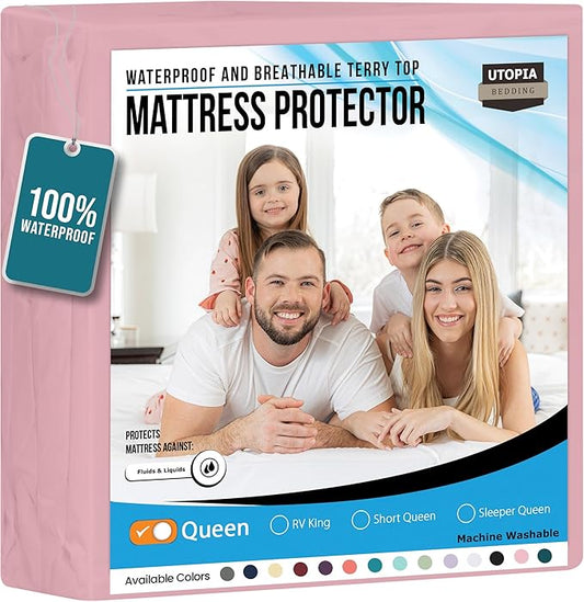 Utopia Bedding Waterproof Mattress Protector Queen Size, Premium Terry Mattress Cover 200 GSM, Breathable, Fitted Style with Stretchable Pockets (Pink)