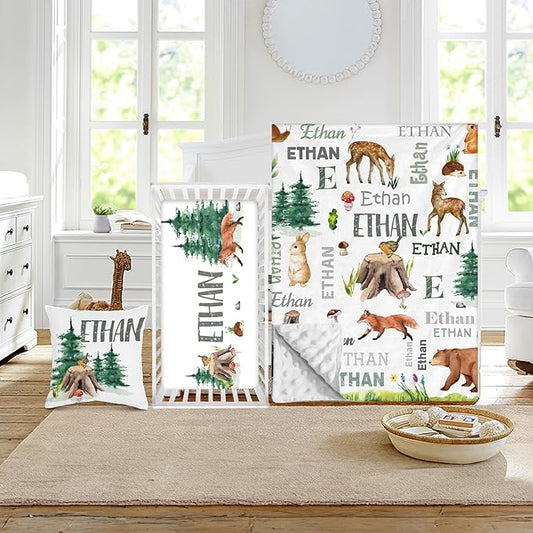Custom Crib Bedding Set - Woodland Animals Design Personalized Name Baby Nursery Bed 3 Pcs Set - Chic Soft Blanket with Dotted Backing, Sheet, Pillowcase for Newborn Girls Boys Gifts Color13