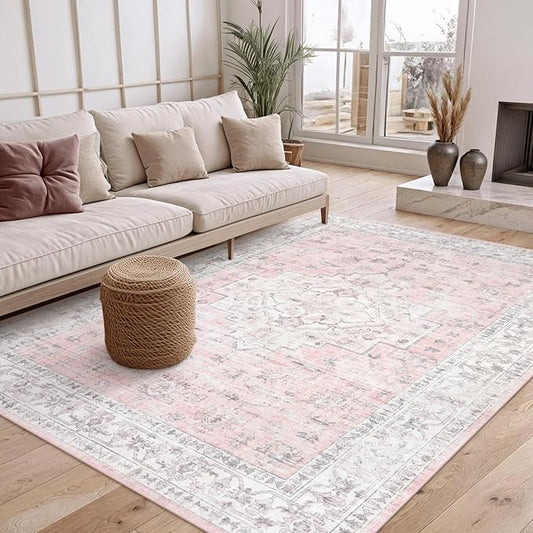 LIVEBOX Pink 5x7 Area Rug for Bedroom Girls, Boho Washable Rugs for Living Room Nursery, Non-Slip Indoor Soft Carpet Low-Pile Farmhouse Carpets for Dining Room Kids Playroom, Pink