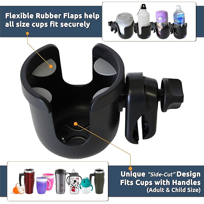 W4W Universal Stroller Cup Holder – Mega Strength Adjustable Clamp fits on Any Bike, Walker, Wheel Chair, Car – Large Adjustable Drink Holder fits Any Size Cup, Water Bottle, Can etc.