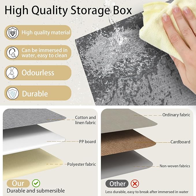 Yawinhe Fabric Storage Baskets, Foldable Closet Organizer for Shelves, Large Boxes with 3 Handles, Canvas Bins for Clothes, Grey, 12.99''Lx9.05''Wx7.87''H, 4-Pack