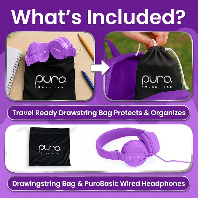 Puro Sound Labs PuroBasic Wired Headphones for Kids - Volume-Limiting & Adjustable with Microphone – Compatible with Smartphones, Tablets, PCs, and More – Safe, Durable Headphones for Kids – Purple