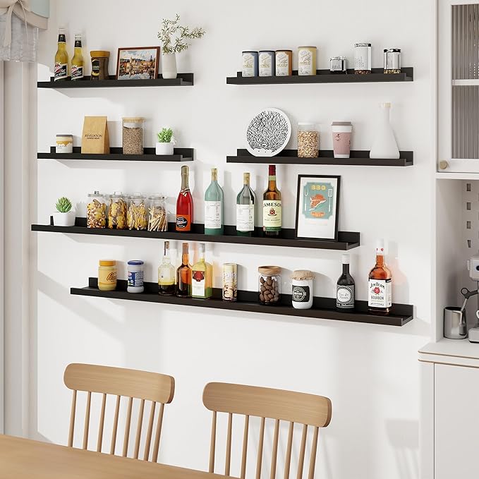 Axeman Picture Ledge Shelf, Floating Shelves for Wall Decor Storage Set of 6, 48 inch Floating Wall Mounted Shelves, Wall Shelves with Lip for Living Room, Bedroom, Nursery, Bathroom, Kitchen, Black