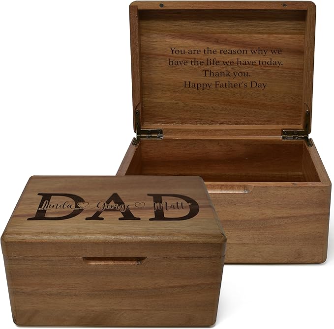Unique Dad Gifts from Kids - Custom Acacia Wood Keepsake Box for Memories with Engraved Children Names, Personalized Gift Fathers Day from Daughter and Son, Dad Birthday Gift from Kids, 8x6x4 in