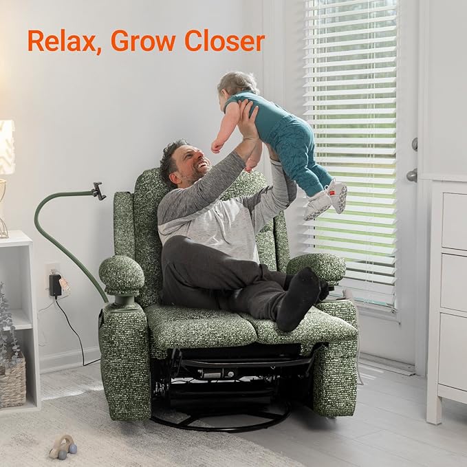 Rocking Chair Nursery with Adjustable Armrests, Electric Glider Recliner Nursing Chair for Breastfeeding, Power Swivel Recliner Chairs with USB Port and Storage, FSC Certified (Moss, Fabric)