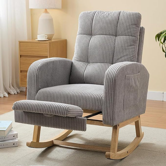 NIOIIKIT Nursery Rocking Chair, Corduroy Upholstered Rocking Chair with Adjustable Footrest, Tufted Rocker Chair with Side Pocket, Glider Rocker for Living Room, Bedroom (Gray Retro)