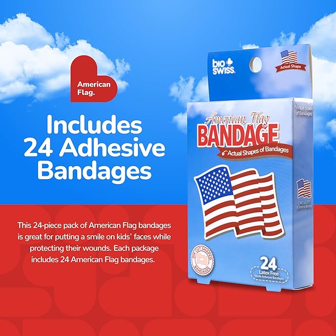 BioSwiss Bandages, American Flag Shaped Self Adhesive Bandage, Latex Free Wound Care, Fun First Aid Kit Supplies for Kids and Adults, 24 Count