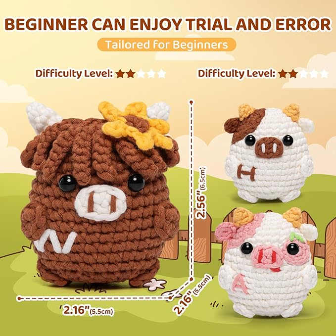 Mewaii Crochet Kit for Beginners Level 2 with 40% Extra Eco-Friendly Pre-Started Easy Yarn, Step-by-Step Video Tutorials for Adults and Kids (3 Pack Cows)