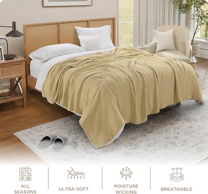 Threadmill Summer Muslin Blankets Queen Size | 100% Cotton 4 Layer Gauze Blanket | Soft, Breathable and Cozy Blanket | Cozy, Lightweight Blankets for Bed Seasons | Beige