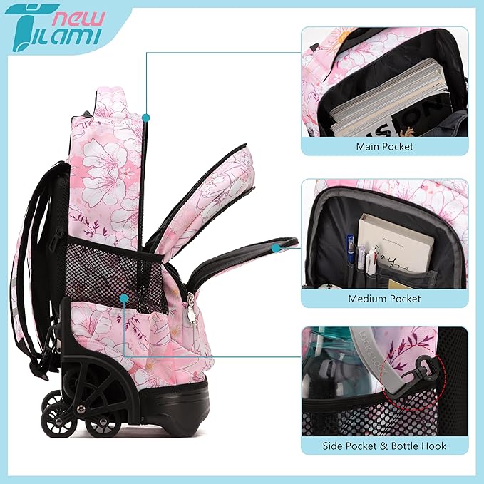 NEW TILAMI Girls & Boys Rolling Backpack - Moisture-Wicking, Adjustable Handle, Large Capacity, Perfect for School & Travel, Pink Flowers