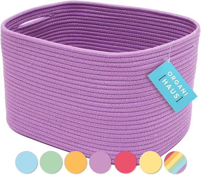 OrganiHaus Purple Basket for Shelves, Decorative Cloth for Organizing, Cotton Rope Storage Basket for Toys, Small Woven Baskets for Storage