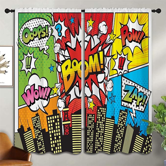 Superhero City Wars Explosion Rod Pocket Blackout Curtains for Boy Girl Bedroom, Colorful Comics Ar Home Energy Efficient Light Filtering Window Curtain for Living Room, 63x63 inch