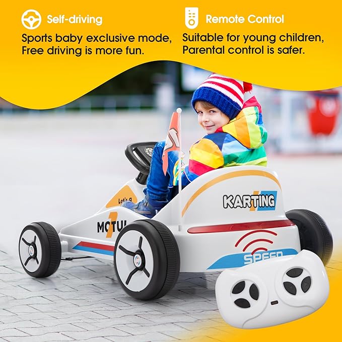 TOBBI 12V Electric Go Kart for Kids Battery Powered Ride on Car Outdoor Race Toy with Remote Control, Safety Belt, Music, LED Lights and Flags for Toddlers 3-8 Years, White