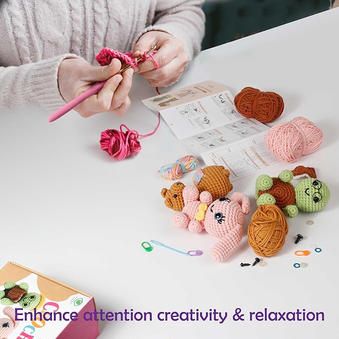 A-URA Learn to Crochet Kit for Beginners Kids and Adults, Premium 3 Animal Pattern Large Size Beginner Crochet Kits with Easy Tube Yarn & Step-by-Step Video Tutorials (Safari Friends–Larger Plushies)