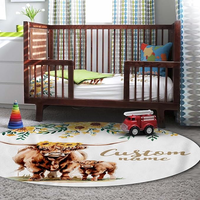 Personalized Nursery Crib Bedding Set: Custom Name Yellow Floral 5 Piece Baby Crib Sets with Highland Cattle Design - Toddler Double Layer Blanket Set, Comfortable Crib Bed Sheets for Baby Grils