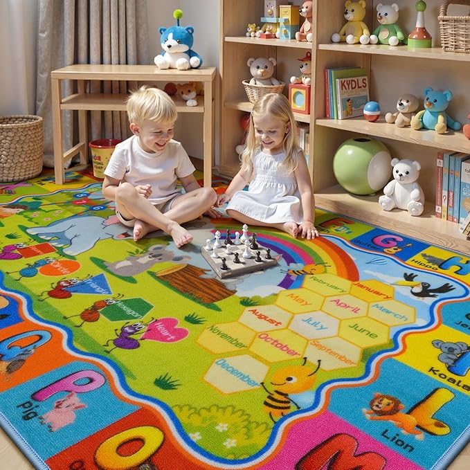 STARUIA ABC Rug for Kids Playroom, Classroom Floor Play Mat for Kids, Preschool Educational Rug for Learning Alphabet Animals Numbers Months, ABC Carpet Play Rug for Nursery Kid Room Decor (63"x78")
