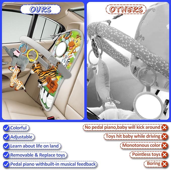 Car Seat Toys for 6-12 Months - Musical Pedal Piano with Baby Mirror, Squeaky Sensory Soft Animal Toys for Rear Facing Carseats